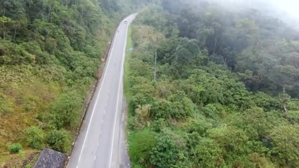 Drone Flying Foggy Winding Mountain Road Misty Rainforest Trees Cinematic — Vídeo de Stock