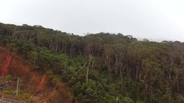 Sisli sis yağmur ormanlarının yakınındaki dolambaçlı dağ yolunda uçan insansız hava aracı. Gökyüzü manzaralı görkemli tropikal dağlar.  