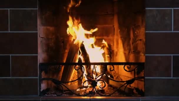 Burning Fireplace Close Cozy Atmosphere Autumn Winter Evening Front View — Stock Video