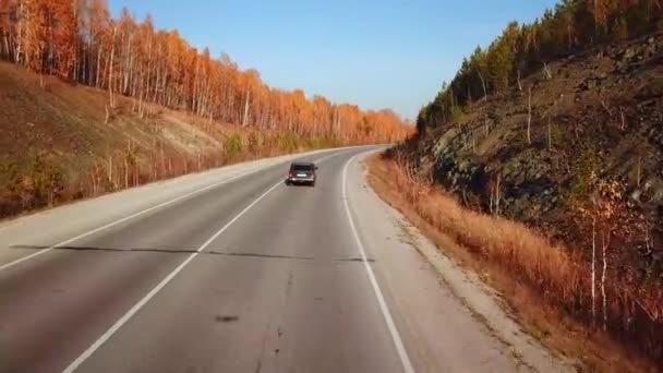 Вид Повітря Автомобіль Їде Сонячній Осінній Сільській Дорозі Кінематографічний Безпілотник — стокове відео