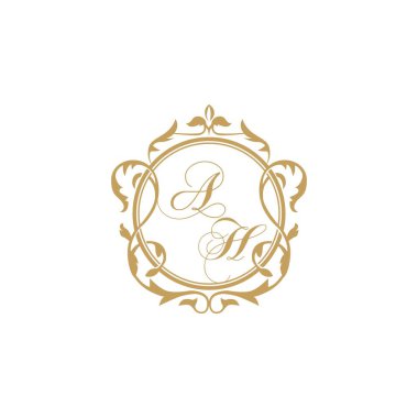 AH Düğün baş harfleri zarif süsleme dairesi vektör grafik şablonu ile davet