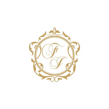 FJ Düğün davetiyesinin baş harfleri zarif süsleme dairesi vektör grafik şablonu