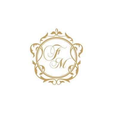 FM Düğün davetiyesinin baş harfleri zarif süsleme dairesi vektör grafik şablonu