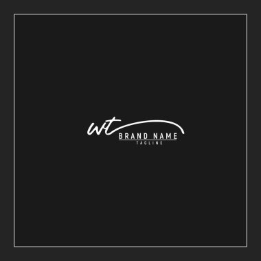 Lüks ilk WT logosu imzalı el yazısı imzası siyah arkaplanda izole edildi