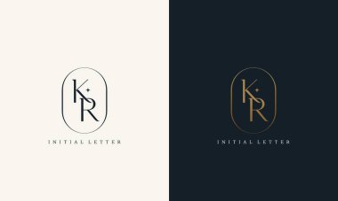 Altın daire çerçeveli birinci sınıf KR logosu. Lüks paraf tasarımı minimal modern yazı tipi.