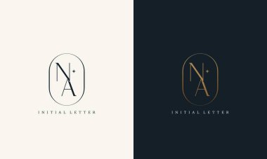 Altın daire çerçeveli NA logosu. Lüks paraf tasarımı minimal modern yazı tipi.