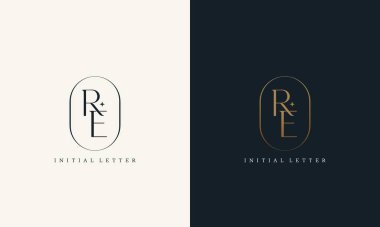 Altın daire çerçeveli premium RE logosu. Lüks paraf tasarımı minimal modern yazı tipi.