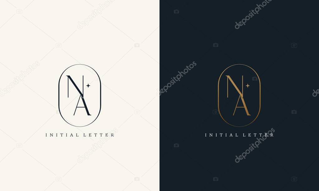 Premium NA logo monogram with gold circle frame. luxury initials design minimal modern typeface.
