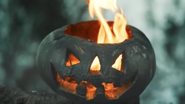 Halloween. Pumpkin on background of pond, it glows, fiery flame burns inside it — Stock Video