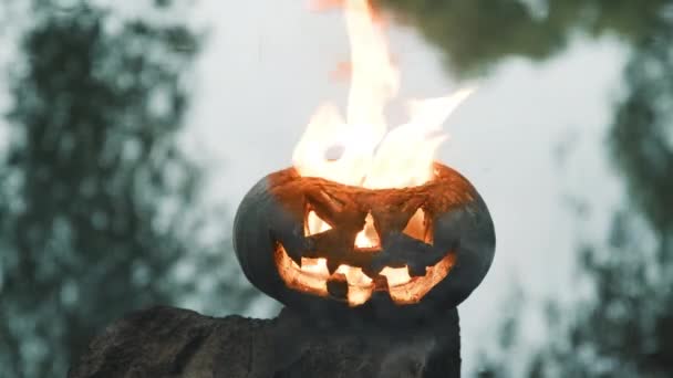 Хэллоуин. Тыква на фоне пруда, она светится, внутри нее горит огненное пламя — стоковое видео