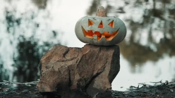 Halloween. Pompoen op de achtergrond van een vijver, het gloeit — Stockvideo