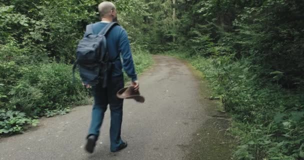 Férfi túrázó sétál az erdőben egy aszfaltozott úton — Stock videók