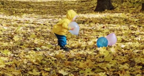 Malé dítě si hraje s balónky v podzimním parku. Studené počasí — Stock video