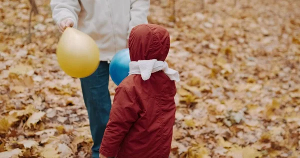 小さな子供はインフレータブル風船で母親と遊んでいます。秋の自然 — ストック写真