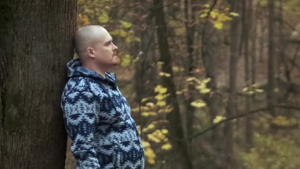 Portrait d'un homme triste fumant une cigarette dans la forêt d'automne appuyé sur un arbre — Video