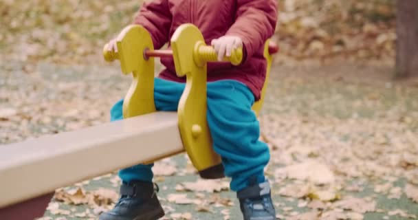 Маленька мила дитина їде на гойдалці у дворі на прогулянці з батьками — стокове відео