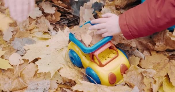 小さな子供は秋の森の中で母親と遊ぶ — ストック動画