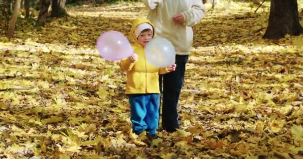 A criança pequena está brincando com sua mãe em balões infláveis. Natureza do outono — Vídeo de Stock