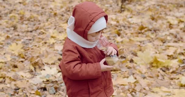 Little, una ragazza caucasica sta giocando con una clessidra di vetro nella foresta autunnale — Video Stock