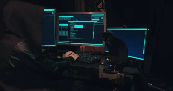 Hacker in a hood sits in front of computer screens and hacks databases — Stock Photo, Image