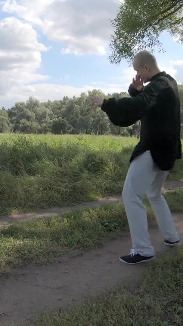 Omul face lovituri în stilul Taekwondo - Vertical video — Videoclip de stoc