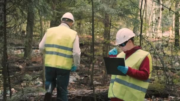 Ekolog w odzieży roboczej i kasku czyste plastikowe śmieci w lesie — Wideo stockowe