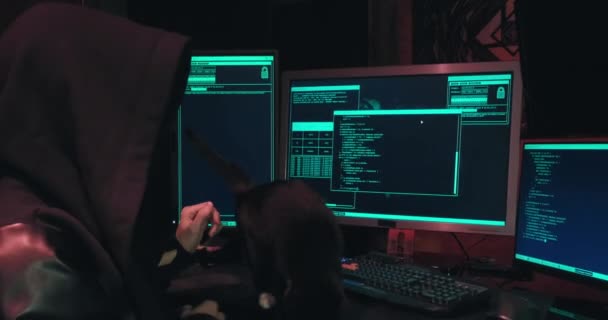 Hacker in un cappuccio siede di fronte a schermi di computer e database di hack — Video Stock