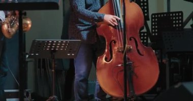 Konserde beyaz bir adam yaysız caz ve blues çalıyor.
