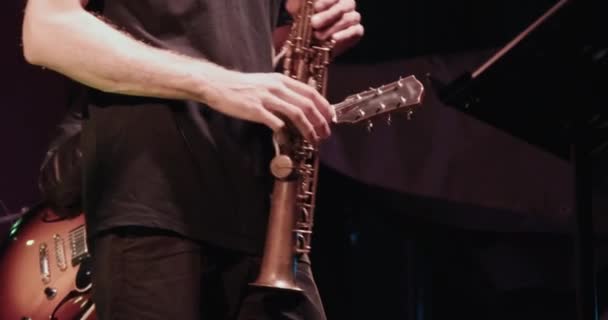 Un bărbat saxofonist la un concert cântă la saxofonul sopranei şi dansează. Se întunecă — Videoclip de stoc