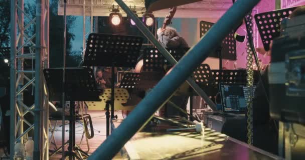 Hombre caucásico en un concierto toca jazz y blues en un contrabajo sin arco — Vídeo de stock