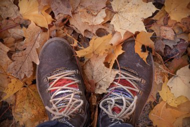 Düşen akçaağaç ve meşe yapraklarının arasında eski kahverengi çizmeler.
