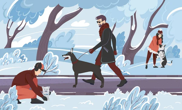 Молоді Люди Взимку Гуляють Своїми Домашніми Тваринами Парку Плоска Векторна — стоковий вектор