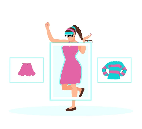Νεαρή Γυναίκα Γυαλιά Εικονικής Πραγματικότητας Δοκιμάζει Ρούχα Αγορές Του Μέλλοντος — Διανυσματικό Αρχείο