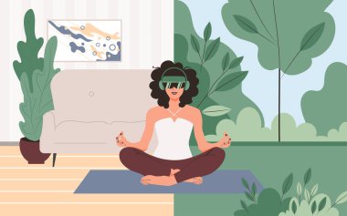 Lotus pozisyonundaki bir kadın evde dinleniyor ve VR gözlük takıyor. Gelecek Yoga 'da. Düz vektör illüstrasyonu