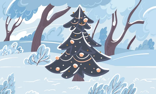 Árbol Navidad Festivo Decorado Con Guirnaldas Una Zona Parque Invierno — Vector de stock