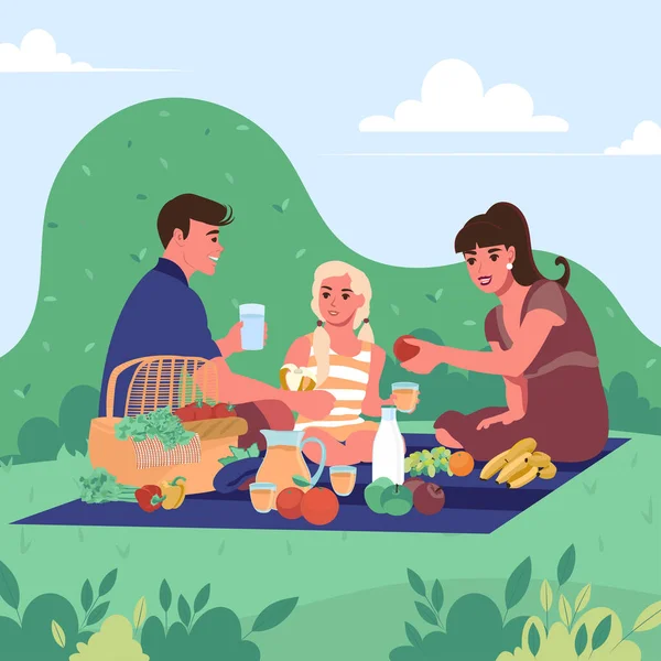 Сім Пікніку Парку Плоска Векторна Ілюстрація Сніданку Відкритому Повітрі — стоковий вектор