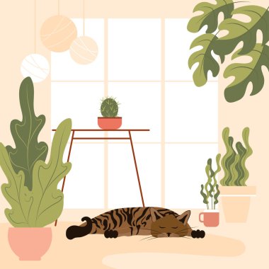 The tabby cat sleeps in a home interior with houseplants. Flat vector illustration