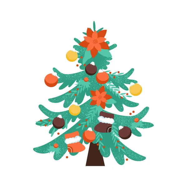 Ilustración Aislada Brillante Árbol Navidad Decorado Con Bolas Oropel Año — Vector de stock