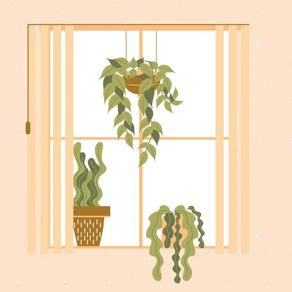 Fenster Einem Raum Mit Grüner Zimmerpflanze Auf Der Fensterbank Flache — Stockvektor