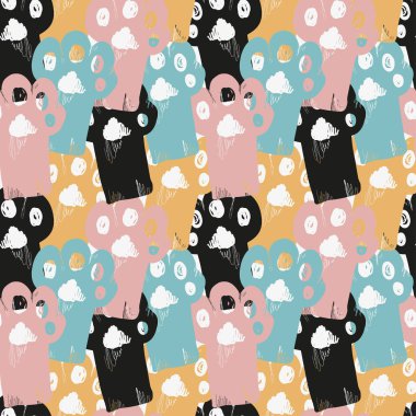 Kusursuz vektör deseni, dört renkli patiler, köpek ve kedi pençeleri, sonsuz desen, defterler, hayvanlar için tekstil ürünleri.