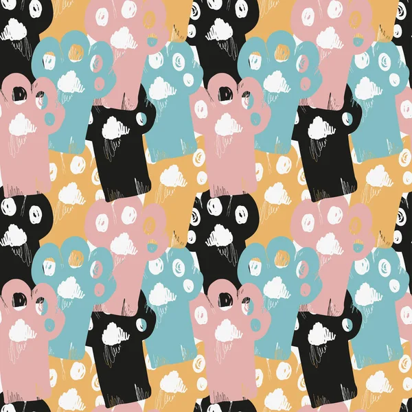 Kusursuz vektör deseni, dört renkli patiler, köpek ve kedi pençeleri, sonsuz desen, defterler, hayvanlar için tekstil ürünleri.