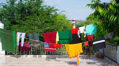 Yeşil ağaç zemininde giysileri olan çamaşır kuyruğu. Çatıda çamaşır kurutma..