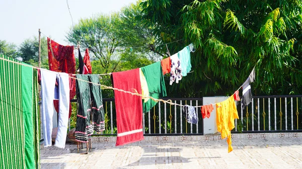 Laundry line with clothes on green tree background. Laundry drying on the roof.