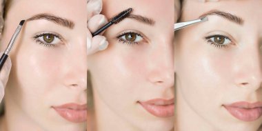 Kolaj kaş yapma ve boyama teması, kalıcı makyaj. Yakın çekimin üç aşaması. Güzel bir kız yüzü.