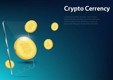 Smartphone ile kripto para birimi Bitcoin, engelleme teknolojisi yenilik kavramı, para piyasası, finans, vektör illüstrasyonu.