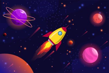 Uzay galaksisi tasarımı. Roket uçuşu. Vektör illüstrasyonu