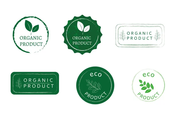 Vector Conjunto Logotipos Desenhados Mão Emblemas Alimentos Orgânicos Produtos Naturais —  Vetores de Stock