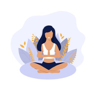 Kız lotus pozisyonunda oturuyor. Yoga pratiği. Genç ve mutlu kadın meditasyon yapıyor. Düz Çizim.