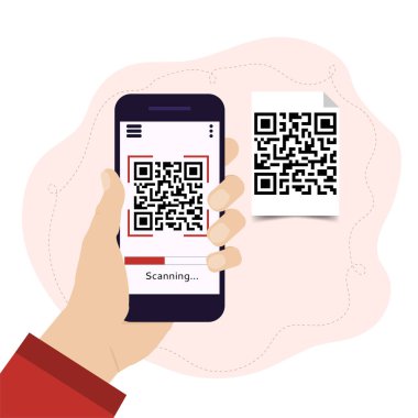 Cep telefonunuzla QR kodunu tarayın. Elektronik, dijital teknolojiler, barkod. Vektör illüstrasyonu