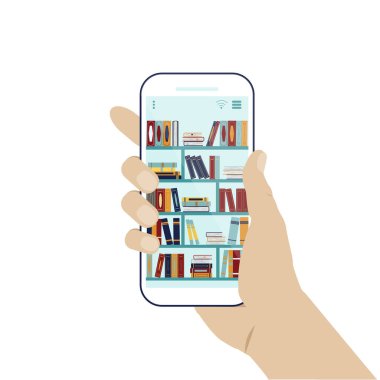 Akıllı telefondan kitap sipariş etmek. Çevrimiçi kütüphane kavramı. Kitap sevenler için çevrimiçi kitapçı. Sitede hikayeler, şiirler, romanlar satın almak ya da mobil bir uygulama aracılığıyla. Beyaz bir arkaplanda izole edilmiş